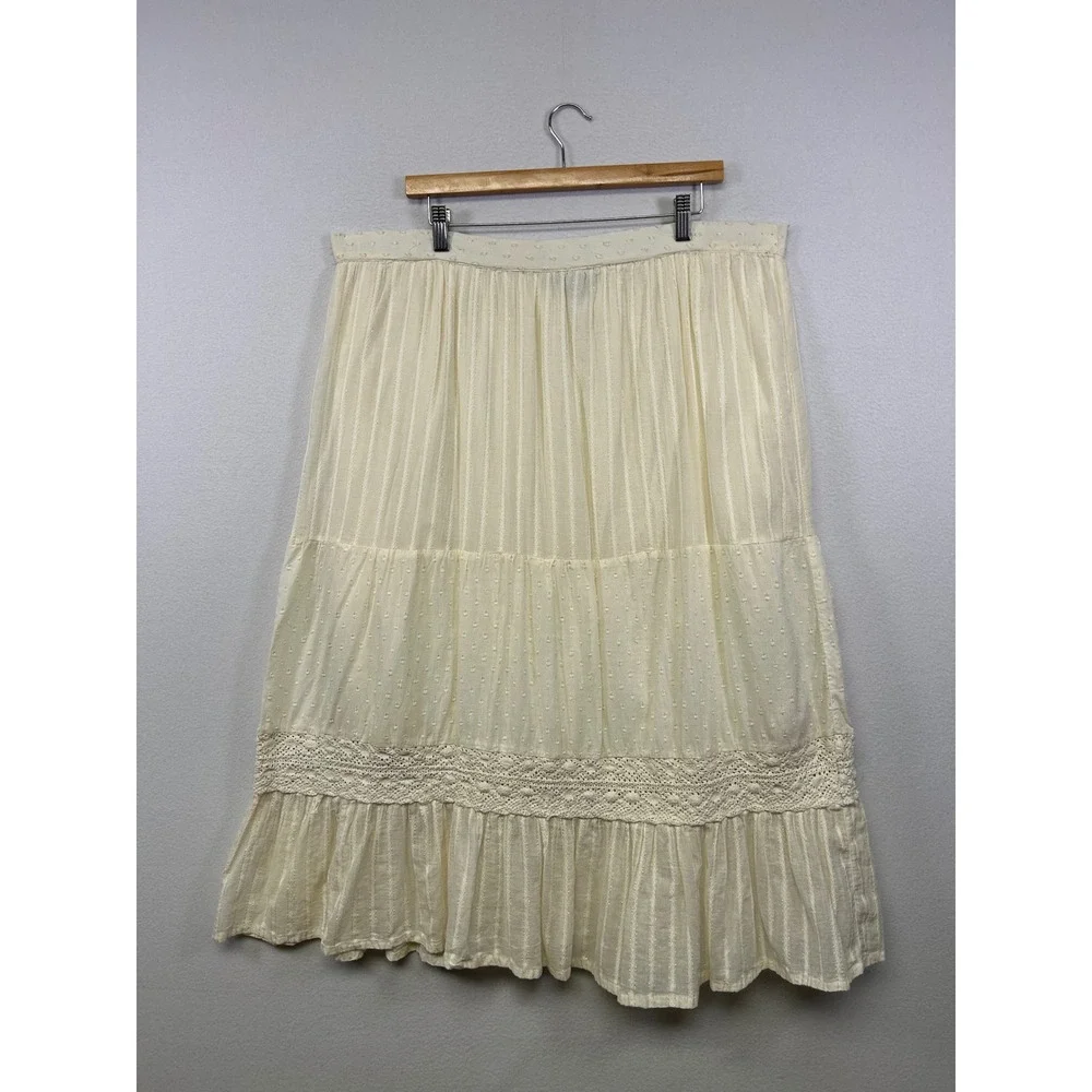 RD+Koko Boho Cottagecore Women Large Cream Gold Metallic Tiered Midi Skirt